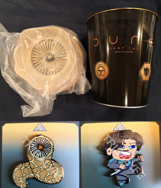Dune Popcorn Bucket + Paul Atreides & Sandworm Shai-Hulud Custom Enamel Pins - Dune - Chibi / Anime Art